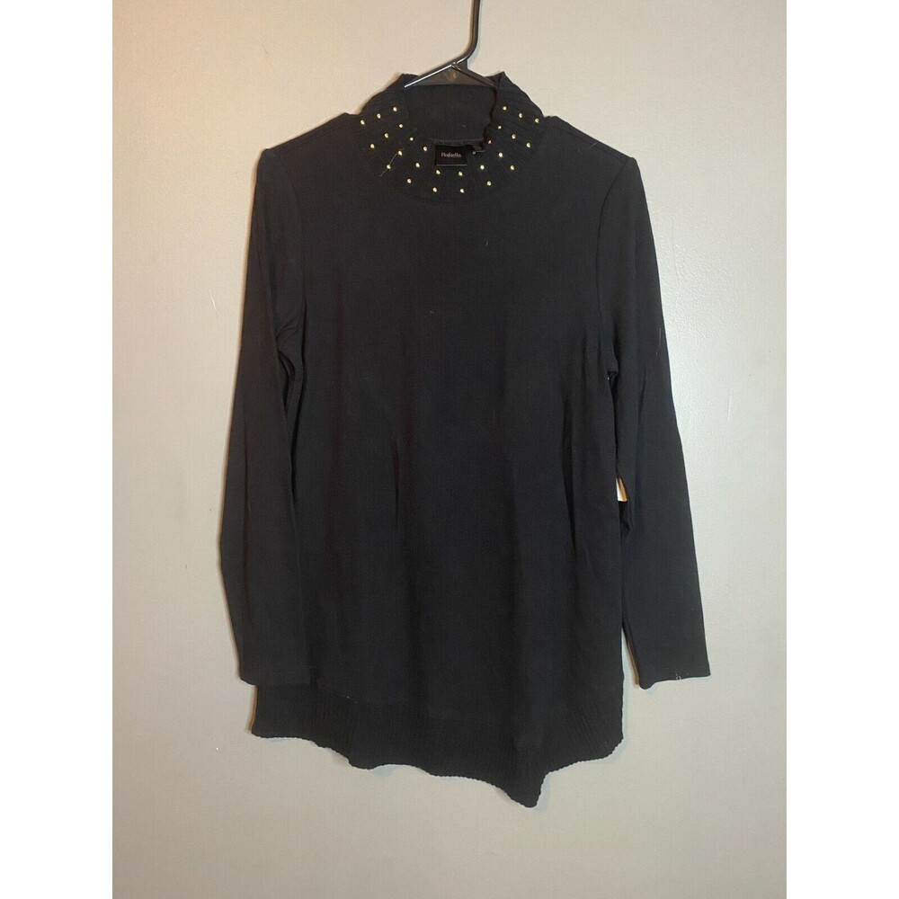New RAFAELLA Women's Sweater Black Mock Neck Rhinestone Beaded Collar Size S